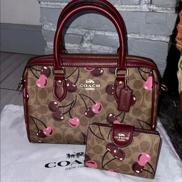 Coach Cherry Print Brown and Pink Satchel Set - Picture 1 of 5